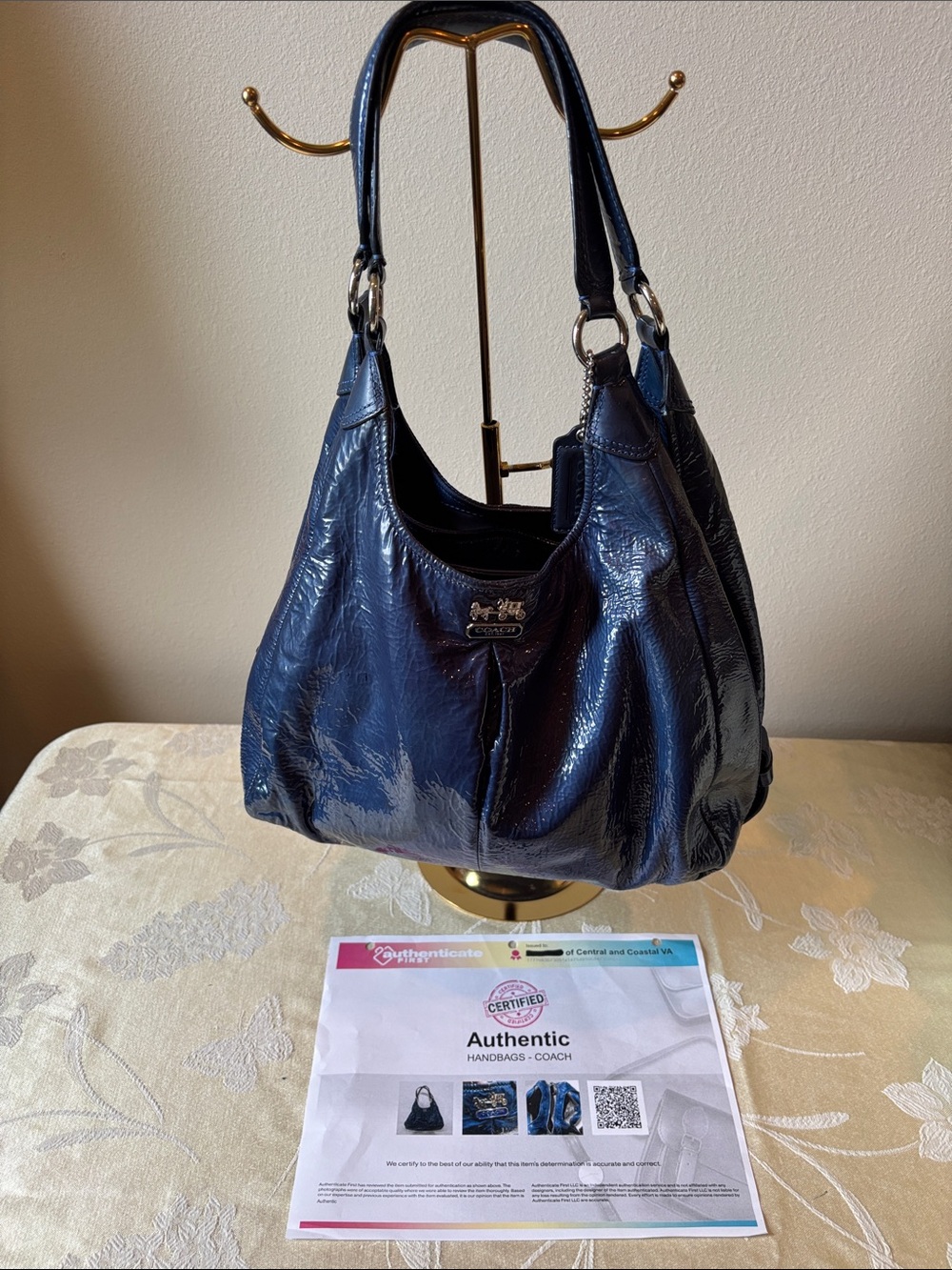 Coach Navy Patent Leather Shoulder Bag with Double Straps